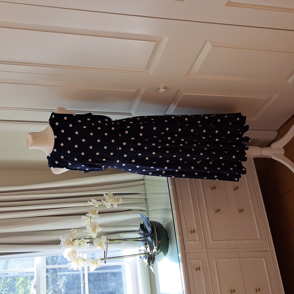 Anne Klein Dark Blue Polka Dot Midi Dress